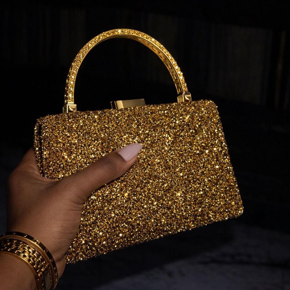 Gold Glitter Top Handle Evening Clutch Purse